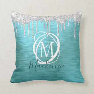 Modern Teal Metallic Silver Glitter Drip Monogram Cushion