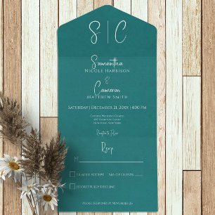 Modern Teal Minimal Monogram No Dinner All In One Invitation
