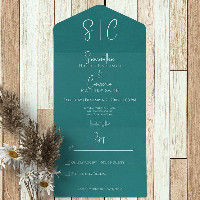 Modern Teal Minimal Monogram No Dinner All In One Invitation (Creator Uploaded)