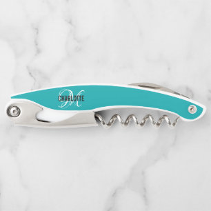Modern Teal monogram name Corkscrew