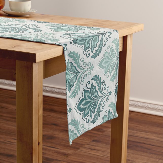 Modern Teal Nordic Damask Long Table Runner (In Situ)
