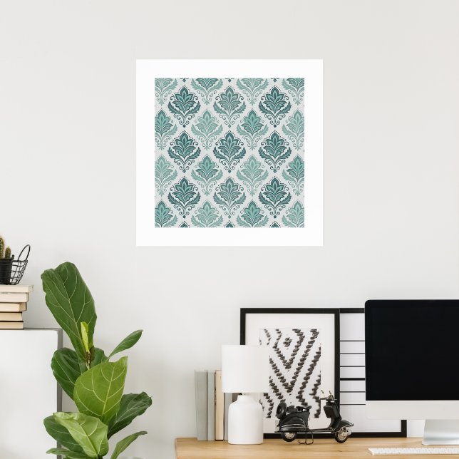 Modern Teal Nordic Damask Poster (Home Office)