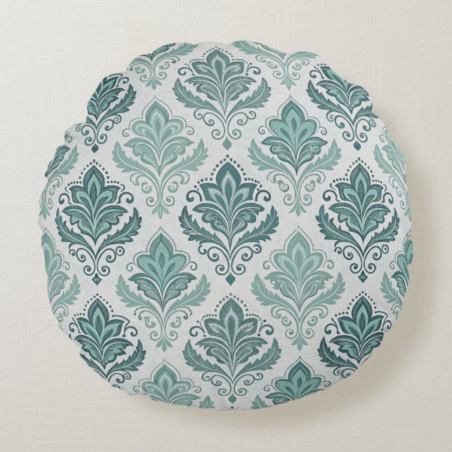 Modern Teal Nordic Damask Round Cushion (Front)