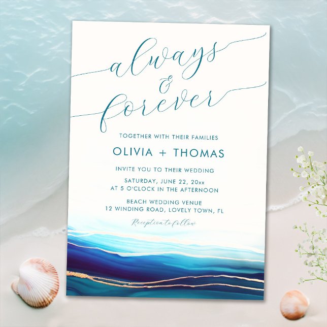 Modern Teal Ocean Always Forever Beach Wedding Invitation (Creator Uploaded)