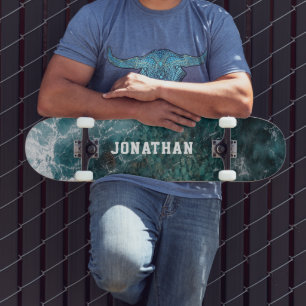 Modern Teal Ocean Waves Aerial Personalised Skateboard