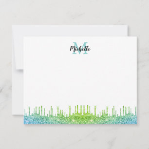 Modern Teal Ombre Glitter Drips Script Monogrammed Card