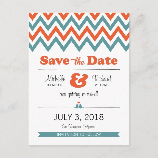 Modern Teal & Orange Chevron & Lovebirds Wedding Announcement Postcard (Front)
