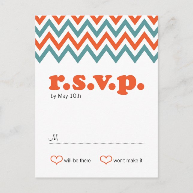 Modern Teal & Orange Chevron & Lovebirds Wedding Invitation Postcard (Front)