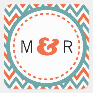 Modern Teal & Orange Chevron & Lovebirds Wedding Square Sticker