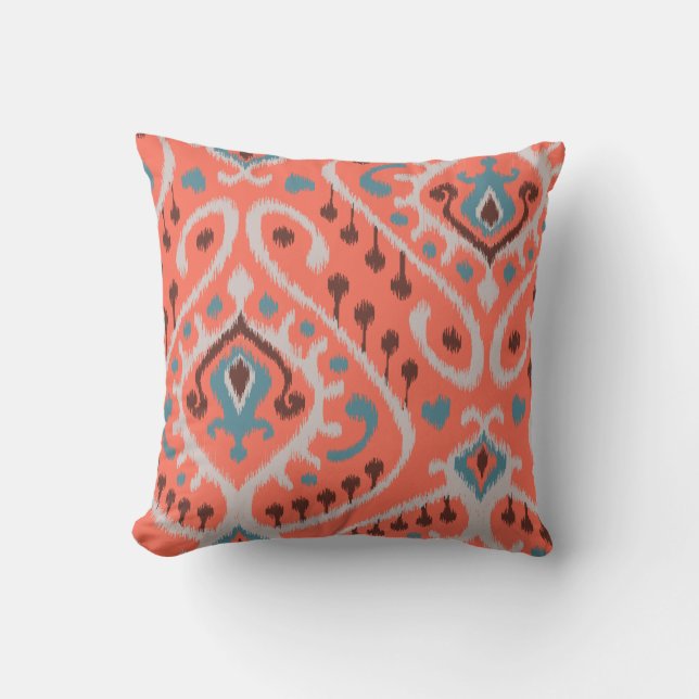 Modern teal orange girly ikat tribal pattern cushion (Front)