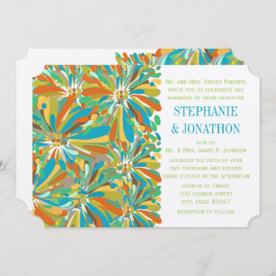 Modern Teal Orange Green Chrysanthemum Invitation