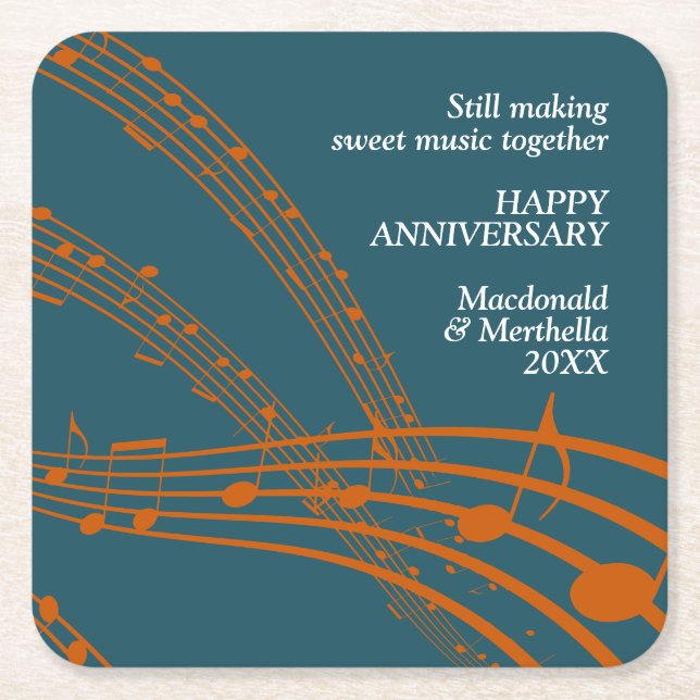 Modern Teal Orange SWEET MUSIC Happy Anniversary Square Paper Coaster (Front)