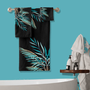 Modern Teal Palm Leaves Beach Bathroom Black Bath Towel Set