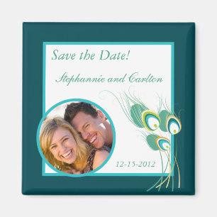 Modern Teal Peacock Wedding Announcement Magnet