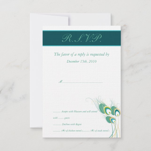 Modern Teal Peacock Wedding RSVP Cards (Front)