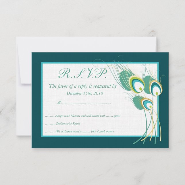 Modern Teal Peacock Wedding RSVP Cards (Front)