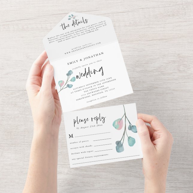 Modern Teal Pink Pastel Eucalyptus Wedding All In One Invitation (Tearaway)