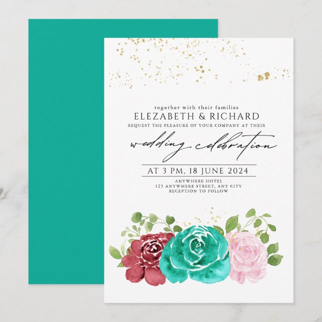 Modern Teal Pink   Red Floral Greenery  Wedding  Invitation (Front/Back)