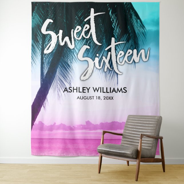 Modern Teal Pink Tropical Luau Sweet 16 Backdrop Tapestry (In Situ)