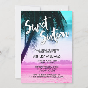 Modern Teal Pink Tropical Luau Sweet 16 Invitation