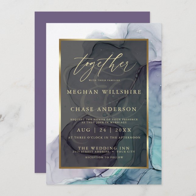 Modern Teal Plum Purple Alcohol Ink Invitation (Front/Back)