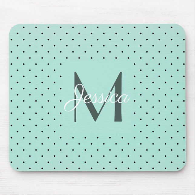 Modern Teal Polka Dot and Monogram Mouse Mat (Front)