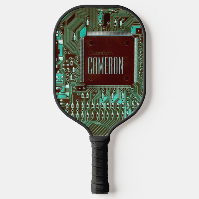 Modern Teal Printed Circuit Microchip Geek Custom Pickleball Paddle (Front)