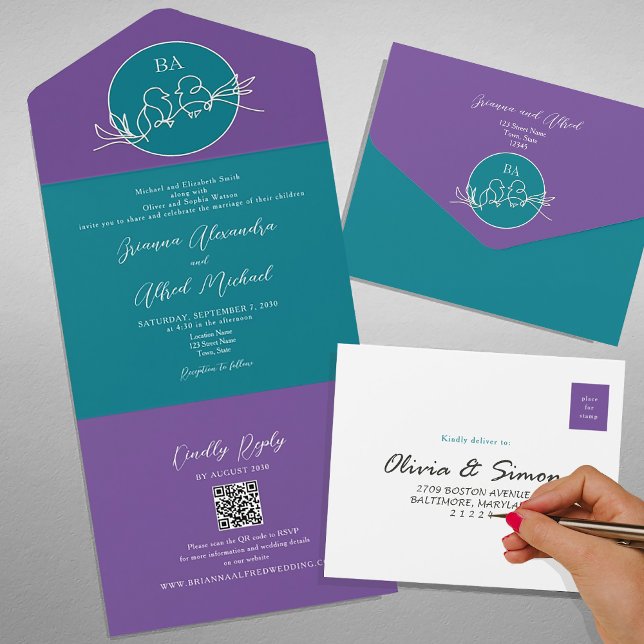 Modern Teal Purple Wedding Invitation with QR Code (Creator Uploaded)