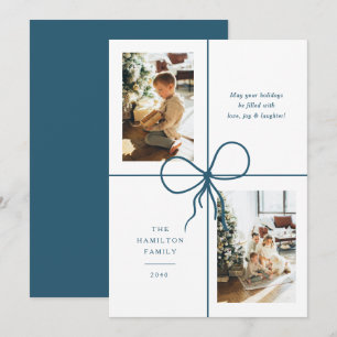 Modern Teal Ribbon Bow Wrap 2 Photo Christmas Holiday Card