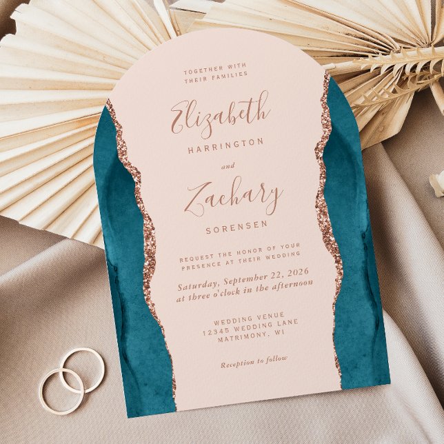 Modern Teal Rose Gold Agate Blush Arch Wedding Invitation (Creator Uploaded)