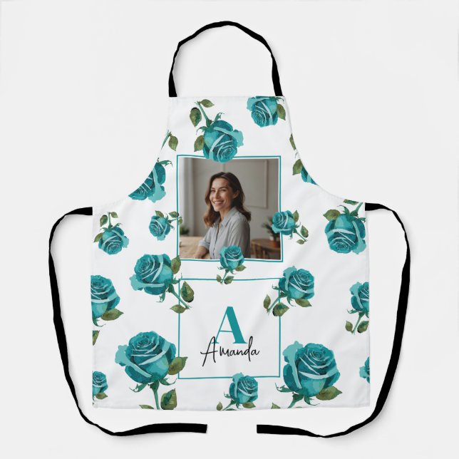 Modern Teal Rose Monogram Custom Mum Apron (Front)