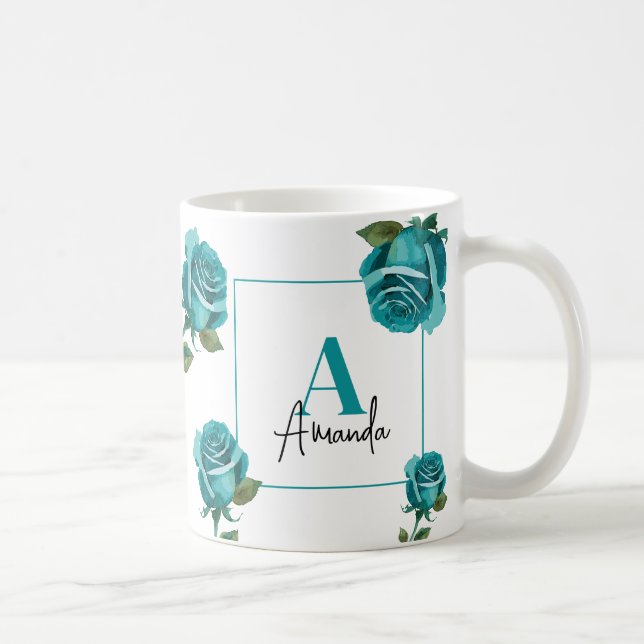 Modern Teal Rose Monogram Custom Mum Coffee Mug (Right)