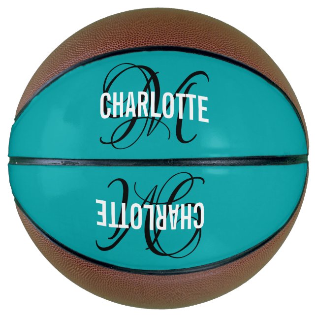 Modern teal script monogram name basketball (Front)