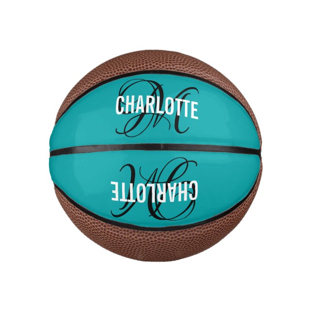 Modern teal script monogram name mini basketball (Front)