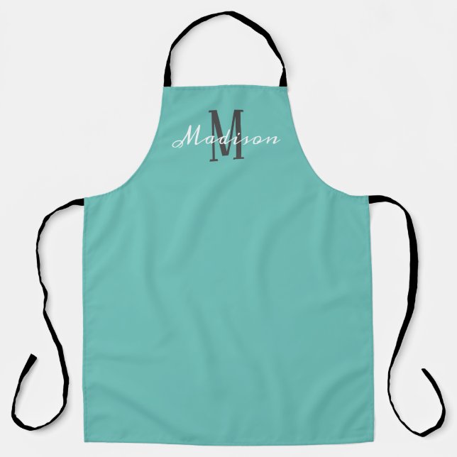 Modern Teal Script Monogram Personalised Name  Apron (Front)