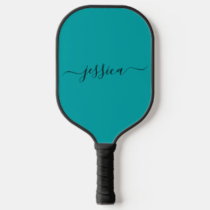 Modern teal  script name pickleball paddle