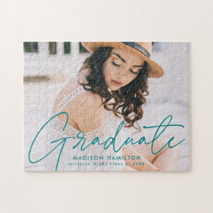 Modern Teal Script Photo Graduation Jigsaw Puzzle