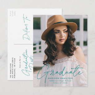 Modern Teal Script Photo Graduation Party Invitation Postcard