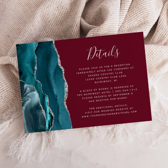 Modern Teal Silver Agate Burgundy Wedding Details Enclosure Card (Creator Uploaded)