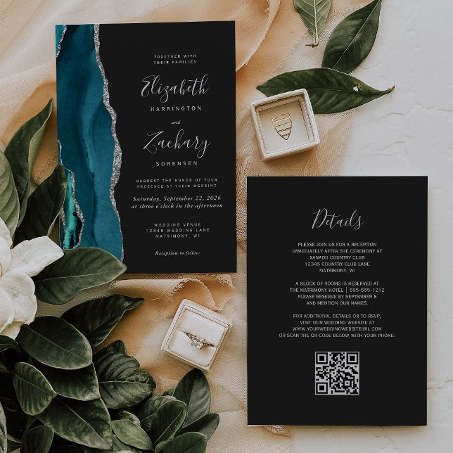 Modern Teal Silver Agate Dark QR Code Wedding Invitation (Creator Uploaded)
