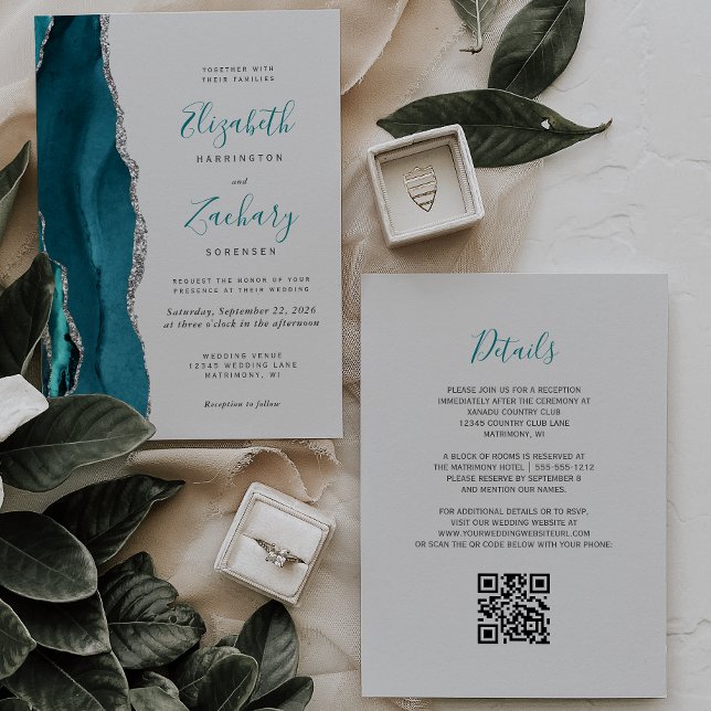 Modern Teal Silver Agate Grey QR Code Wedding Invitation (Creator Uploaded)