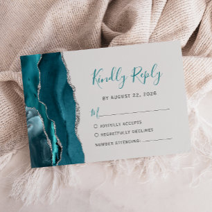 Modern Teal Silver Agate Grey Wedding RSVP Card
