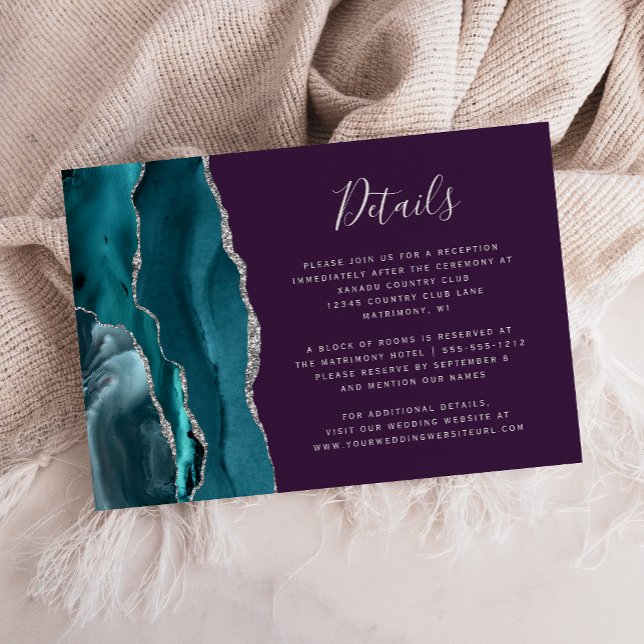 Modern Teal Silver Agate Purple Wedding Details Enclosure Card (Creator Uploaded)
