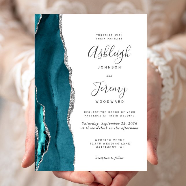 Modern Teal Silver Agate Wedding Invitation (Creator Uploaded)