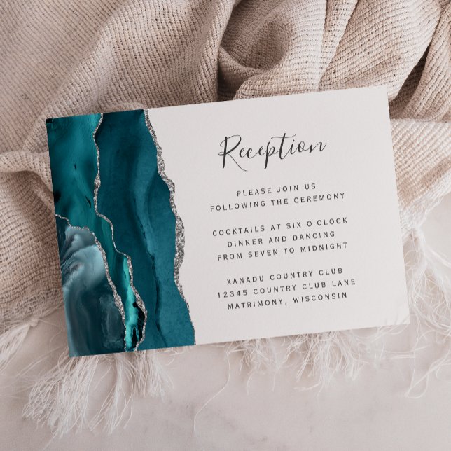 Modern Teal Silver Agate Wedding Reception Enclosure Card (Creator Uploaded)