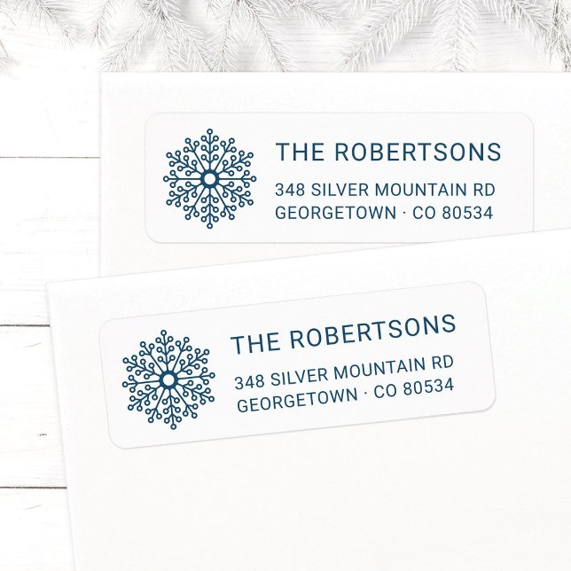 Modern Teal Snowflake Christmas Return Address (Modern, elegant Snowflake Christmas return address labels in teal blue with family name.)