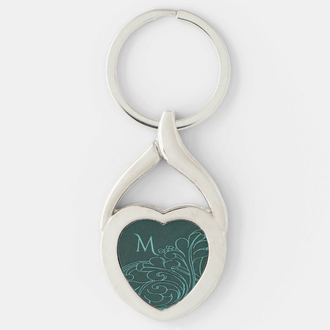 Modern Teal Swirl Elegant Monogram Key Ring (Front)