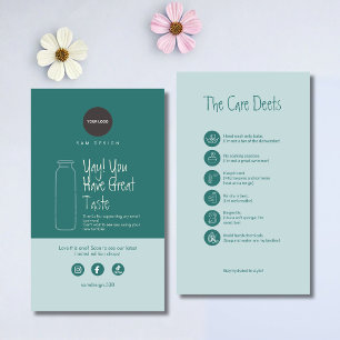 Modern Teal Tumbler Care Instructions Social Media Business Card