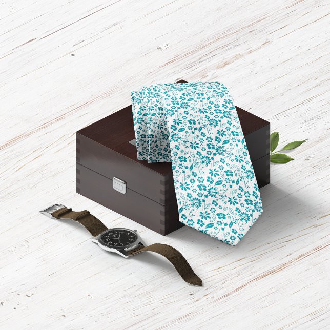 Modern Teal Turquoise Blue Floral Pattern Tie (Modern Teal Turquoise Blue Floral Pattern Neck Tie)
