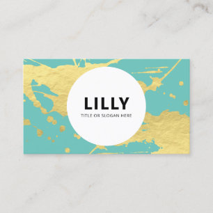Modern Teal Turquoise  Gold Paint Splatter Splash Business Card